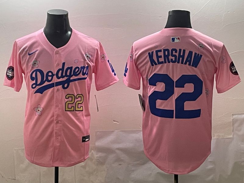 Men Los Angeles Dodgers 22 Kershaw Pink Sakura Edition 2025 Nike MLB Jersey style 2
